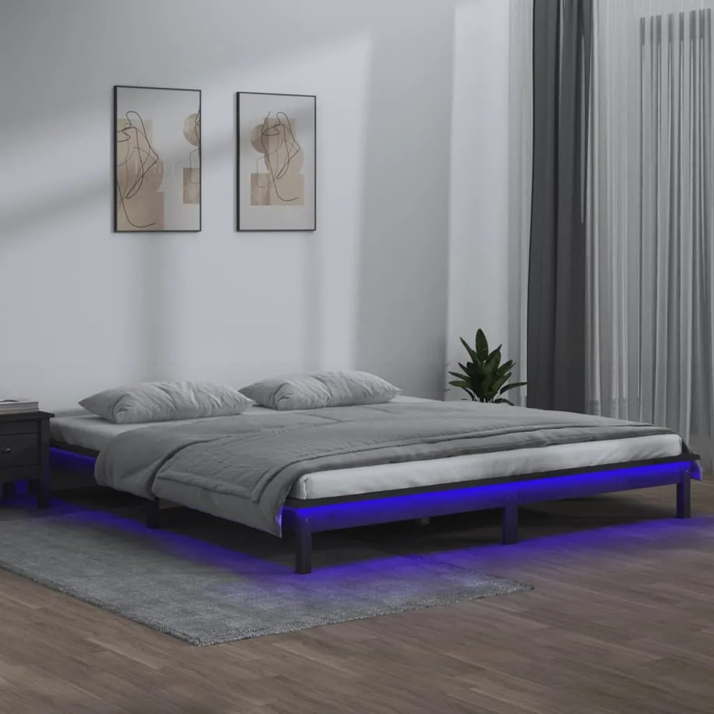 vidaXL Posteľný rám s LED, sivý 160x200 cm, drevený masív