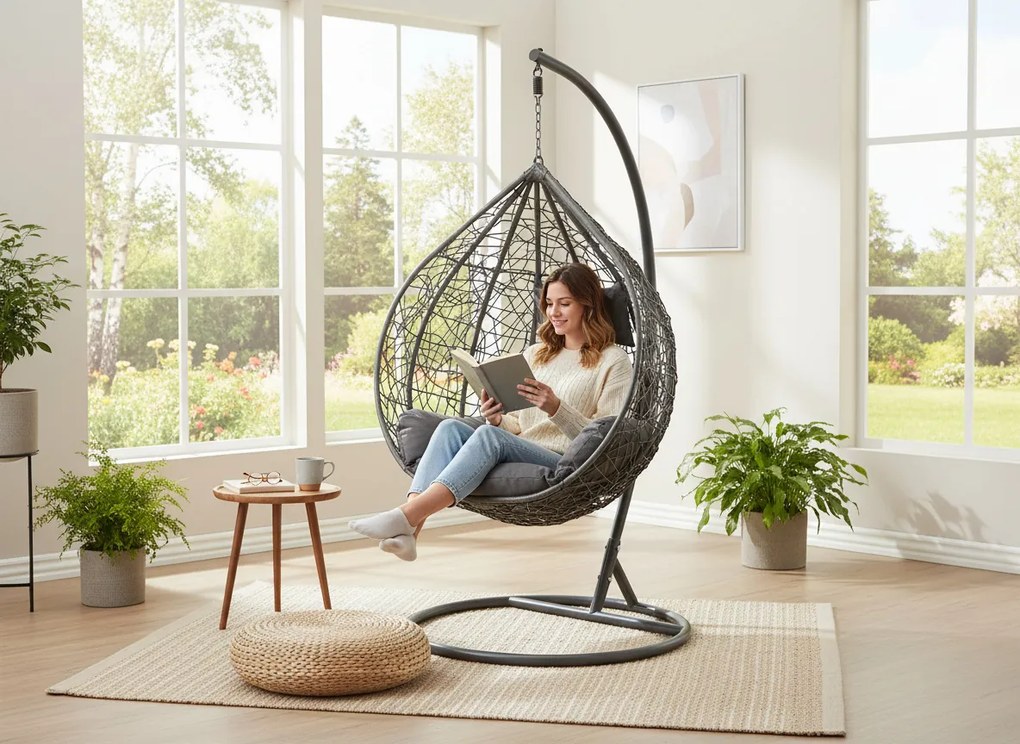 CH ZÁVESNÁ STOLIČKA, TMAVOŠEDÁ, VANKÚŠ – TMAVOŠEDÝ, RÁM – TMAVOŠEDÝ 118X107XD68CM