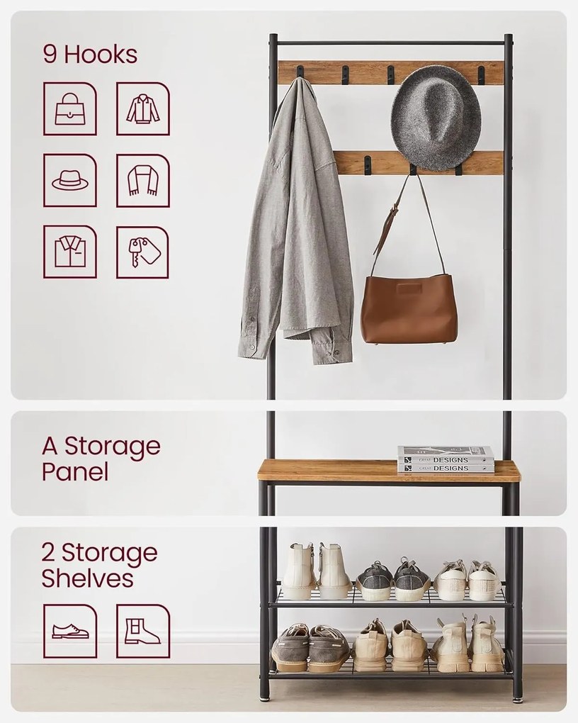 VASAGLE HSR041B41 Vešiak na kabáty s botníkom a sedadlom