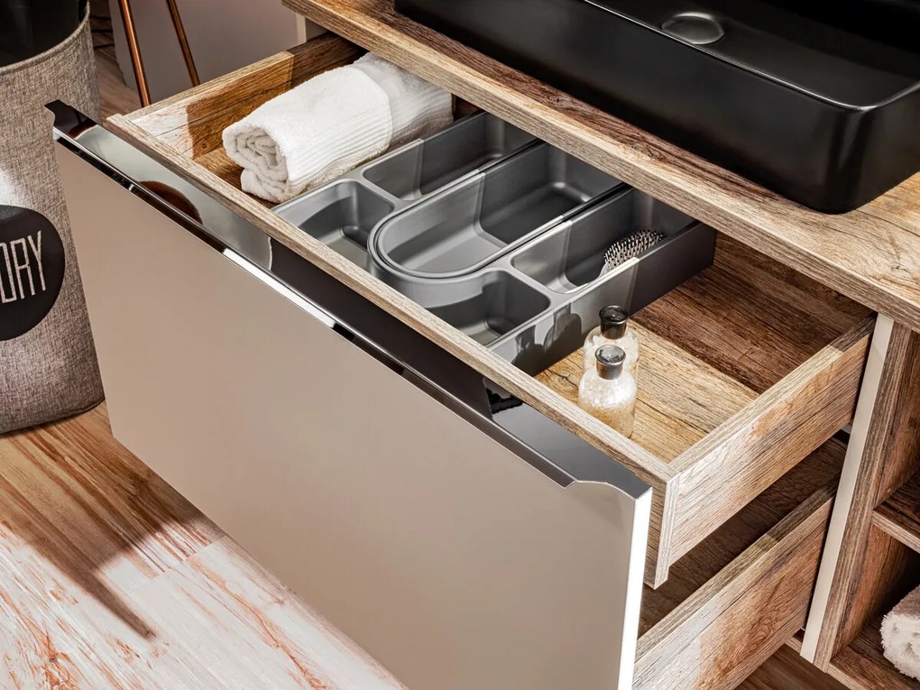 Kúpeľňová zostava SantaFe s doskou, umývadlami, zrkadlami a skrinkami 180 cm sivo-hnedá/dub santa fe retro