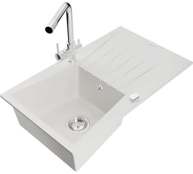 Mexen Cesar, granitový drez 775x470x190 mm, 1-komorový a chrómová batéria Duero, biela, 6514-20-671600-00