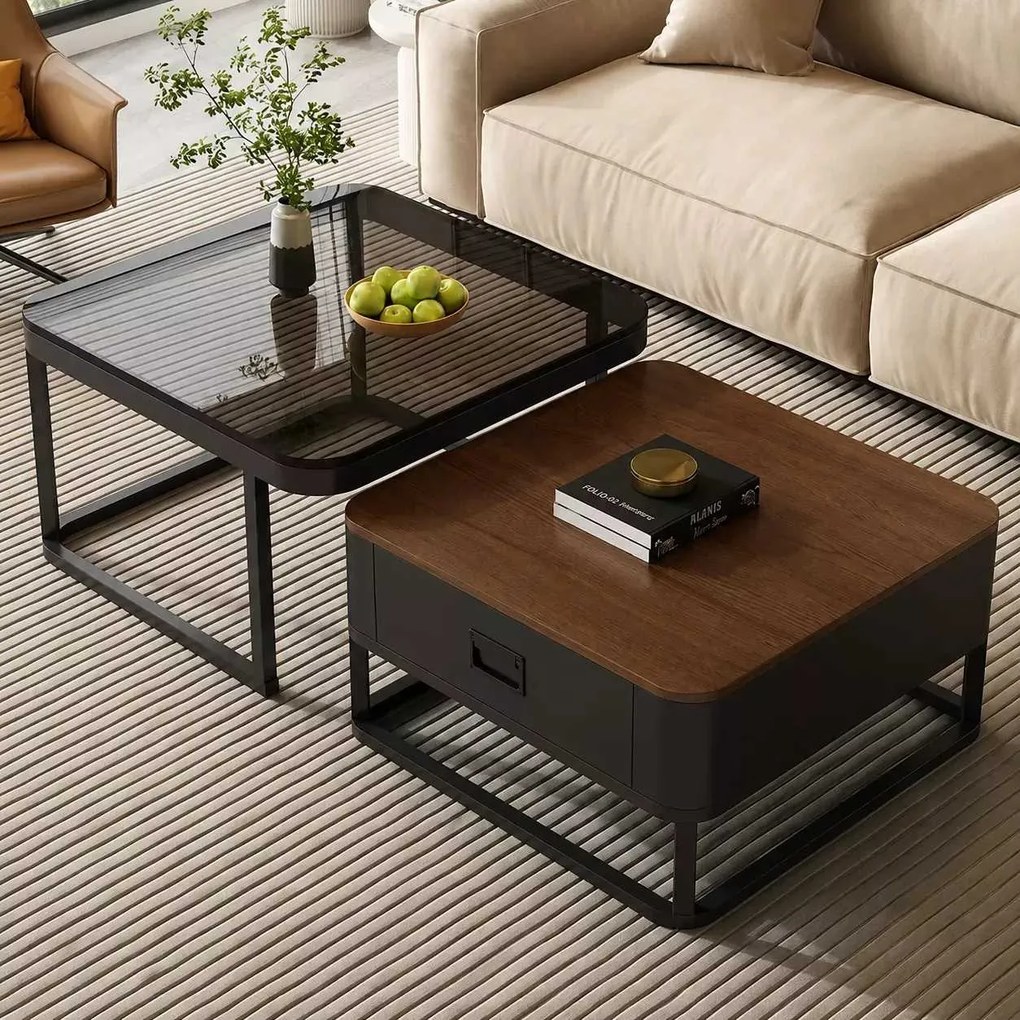 LuxuryForm DESIGN Konferenčný stolík DENVER 70 × 70 / 60 × 60 cm – drevo / sklo (set 2 ks)