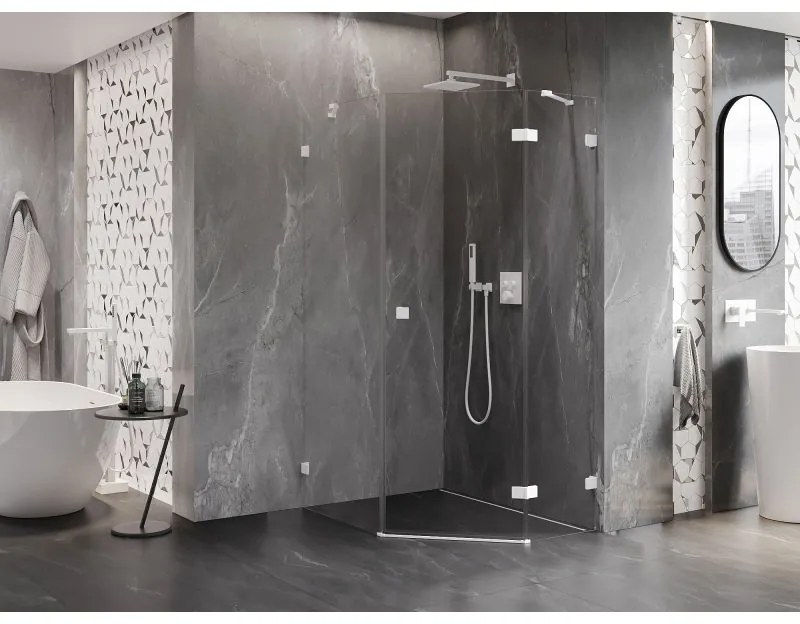Mexen Lunar, pravý výklopný päťuholníkový sprchový kút 90 x 100 cm, 8mm číre sklo, biely profil, 831-090P-100L-20-00-P