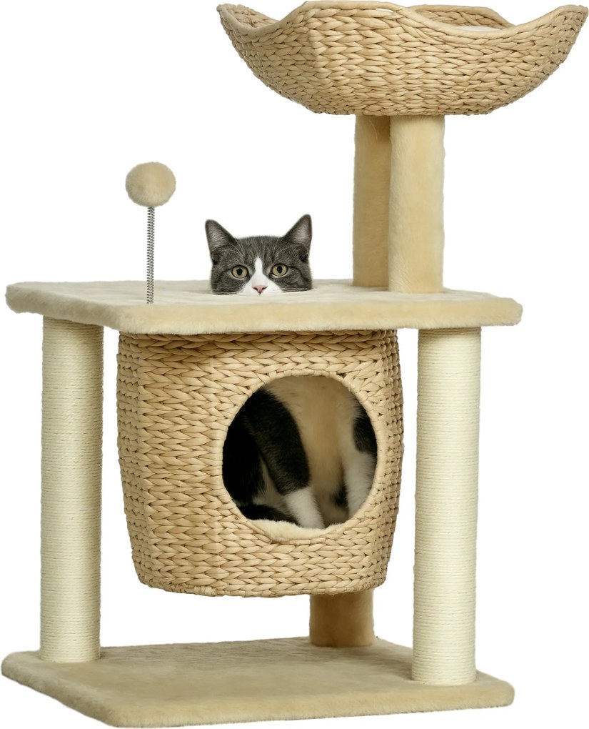 PawHut Malý škrabací stromček pre mačky, 74 cm stromček s mačacou jaskyňou, hracou loptou, vnútorná lezecká veža s posteľou, škrabací nábytok pre mačk