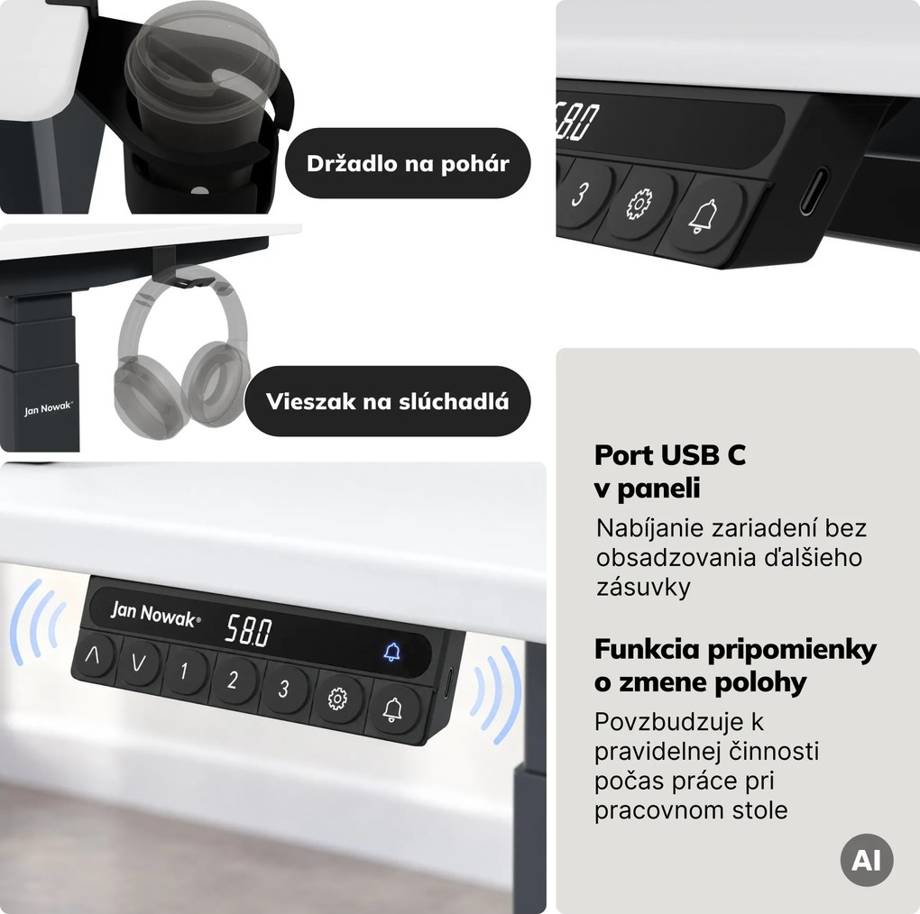 Elektrický stôl s nastavením výšky ergonomický antracitovo-bieli, 1200x600 mm: ARIA