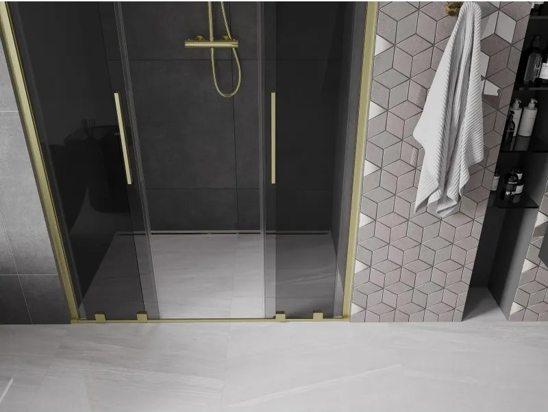 Mexen Velar L Duo, posuvné sprchové dvere do otvoru 140 cm, 8mm šedé sklo, zlatá matná, 871-140-003-42-55