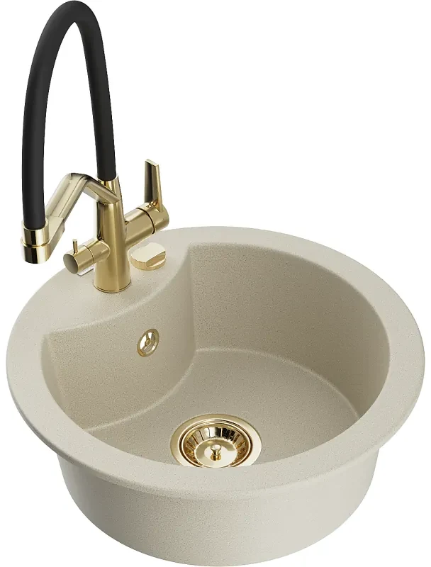 Mexen Diego, 1-komorový granitový drez 488x488x167 mm a drezová batéria Duo, béžová, 6512-69-671701-57-G