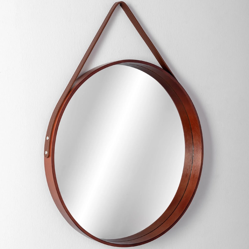 Dekorstudio Tmavo hnedé drevené okrúhle Retro zrkadlo na koženom páse Rozmer zrkadla: priemer 50cm