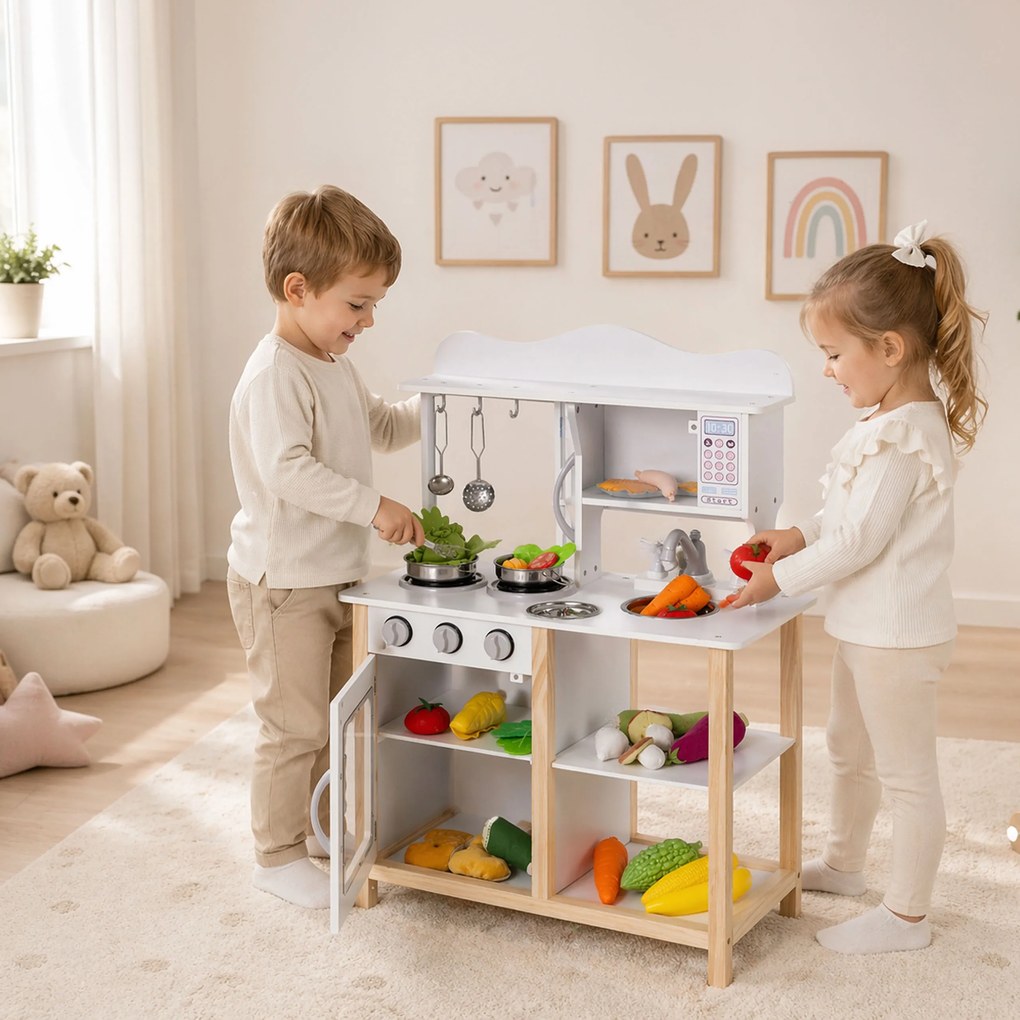 Drevená kuchynka pre deti ECOTOYS s rúrou a 5 kovovými príslušenstvami, biela