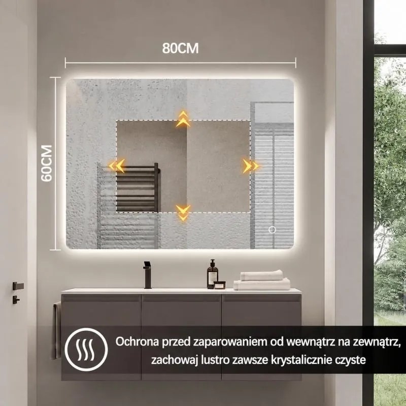 Erga Kalami, bezrámové LED zrkadlo s vyhrievaním a dotykovým ovládaním, 80 × 60 cm, ERG-YKA-MR.KALAMI-60X80