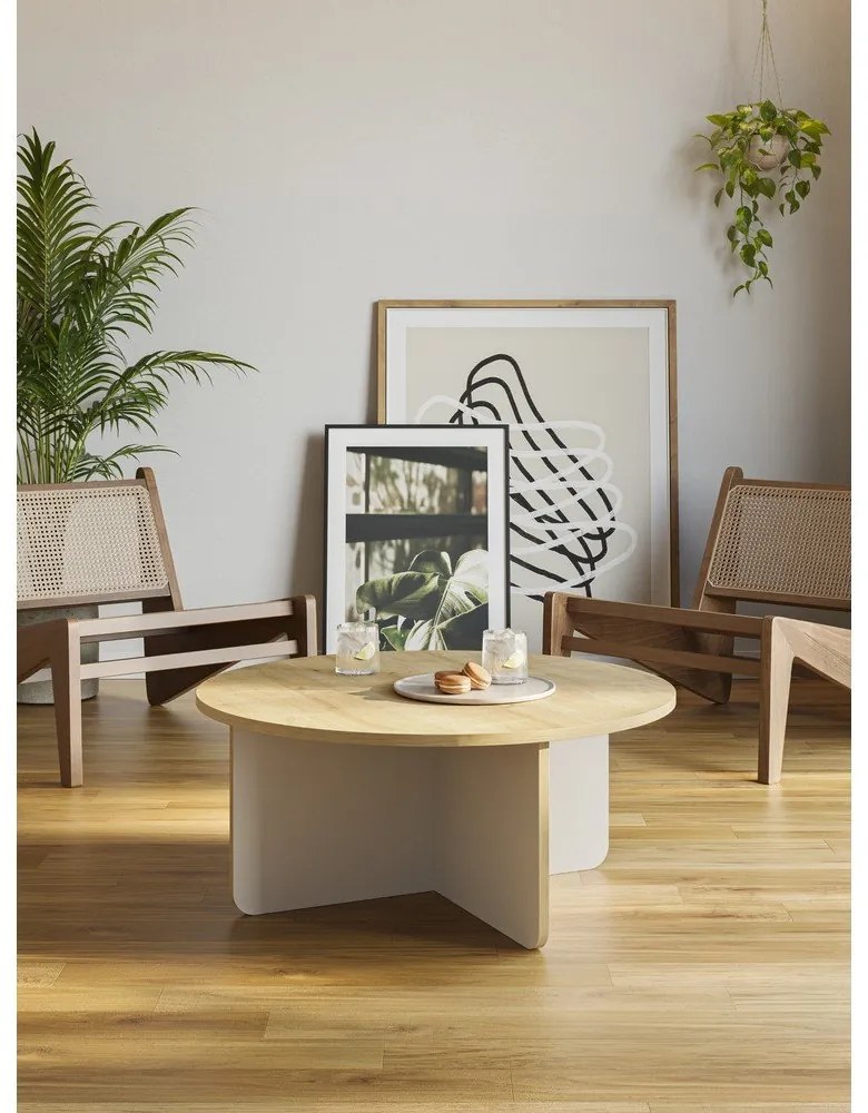 Krémovobiely/v prírodnej farbe okrúhly konferenčný stolík s doskou v dubovom dekore ø 80 cm Hillary – Marckeric