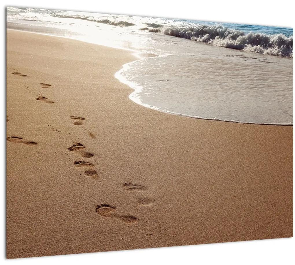 Sklenený obraz - stopy v piesku a more (70x50 cm)