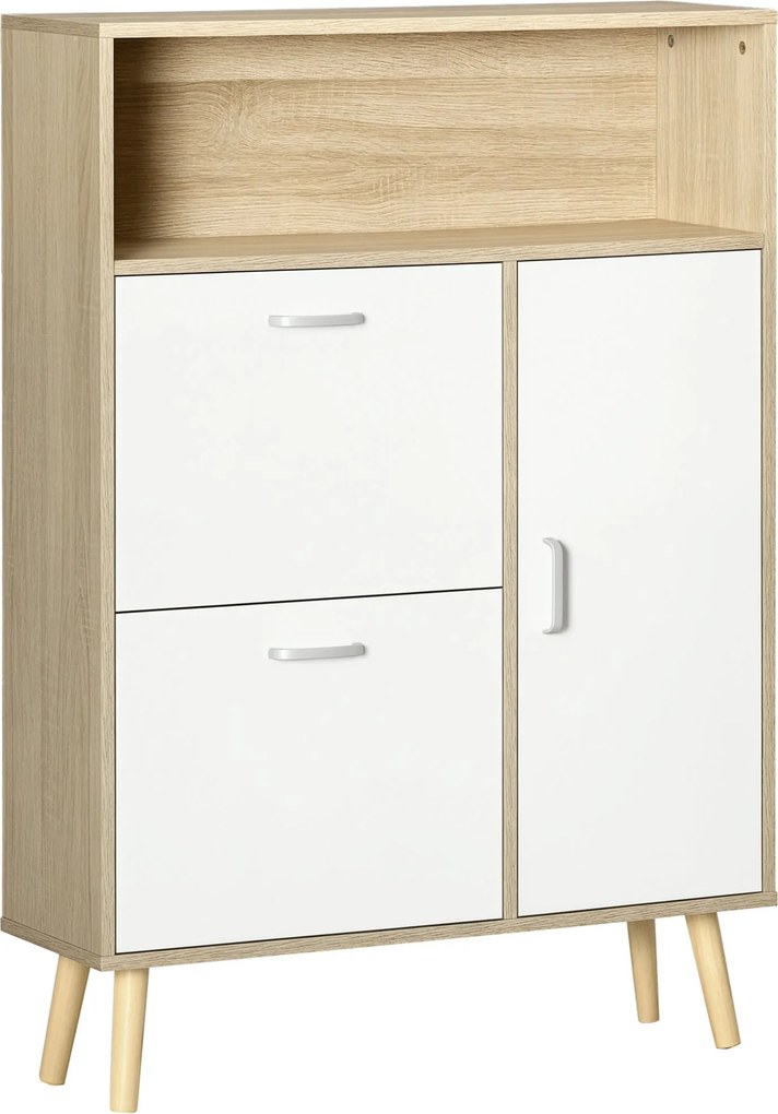 HOMCOM Skrinka na topánky pre 8 párov topánok s 2 sklápacími zásuvkami a dverami do predsiene 80x25,5x112,5 cm Prírodná a biela | Aosom