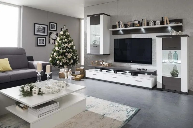 Obývacia stena Caracas kombi 333, grafit/biely lesk, s osvetlením