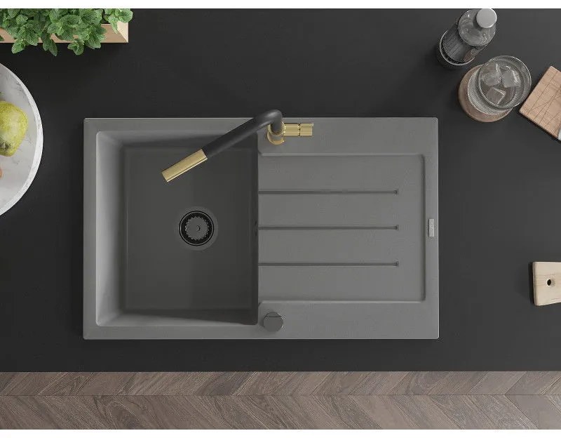 Mexen Bruno, 1-komorový granitový drez 795x495x200 mm a drezová batéria Flora, šedá, 6513-71-670401-57-B
