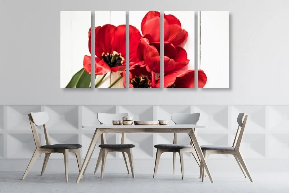 5-dielny obraz červené tulipány v rozkvete - 200x100