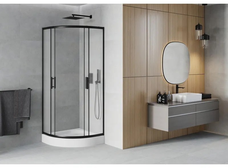 Mexen Rio, štvrťkruhový sprchovací kút s posuvnými dverami 90(dvere) x 90(dvere) x 190 cm, 6mm sklo námraza, čierny profil + biela sprchová vanička RIO, 863-090-090-70-30-4710