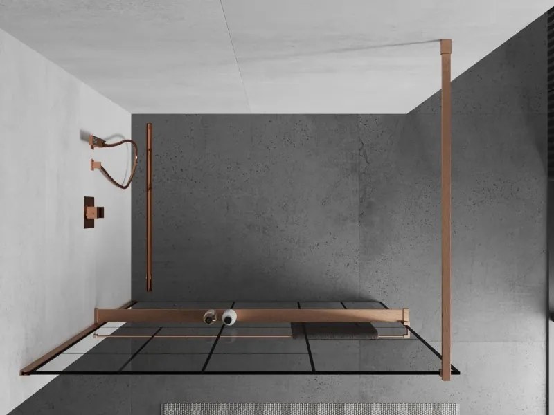 Mexen Kioto+, sprchová zástena Walk-In s poličkou a vešiakom 100 x 200 cm, 8mm číre sklo čierny vzor, medený matný profil, 800-100-121-65-78