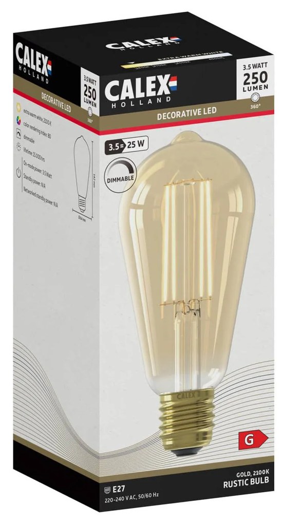 Calex E27 ST64 3,5W LED filament zlatá 821 stmieva