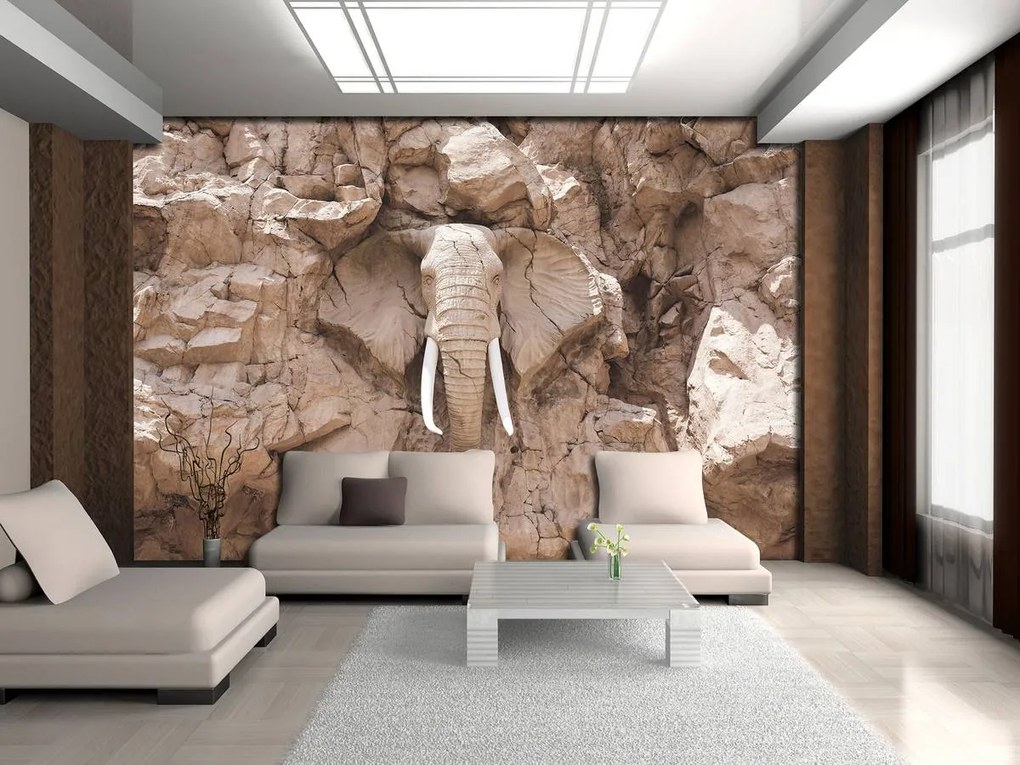 Fototapeta - Slon vytesaný v skalách - béžový (254x184 cm)
