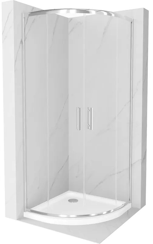 Mexen Rio, štvrťkruhový sprchovací kút s posuvnými dverami 90 x 90 cm, 6mm číre sklo, chrómový profil + biela sprchová vanička, 863-090-090-01-00-4110