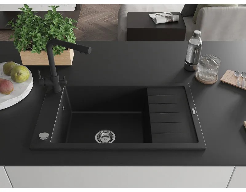 Mexen Elias, 1-komorový granitový drez s odkvapkávačom 795x480x200 mm a čierna batéria Duero, čierna, 6511-77-671600-70