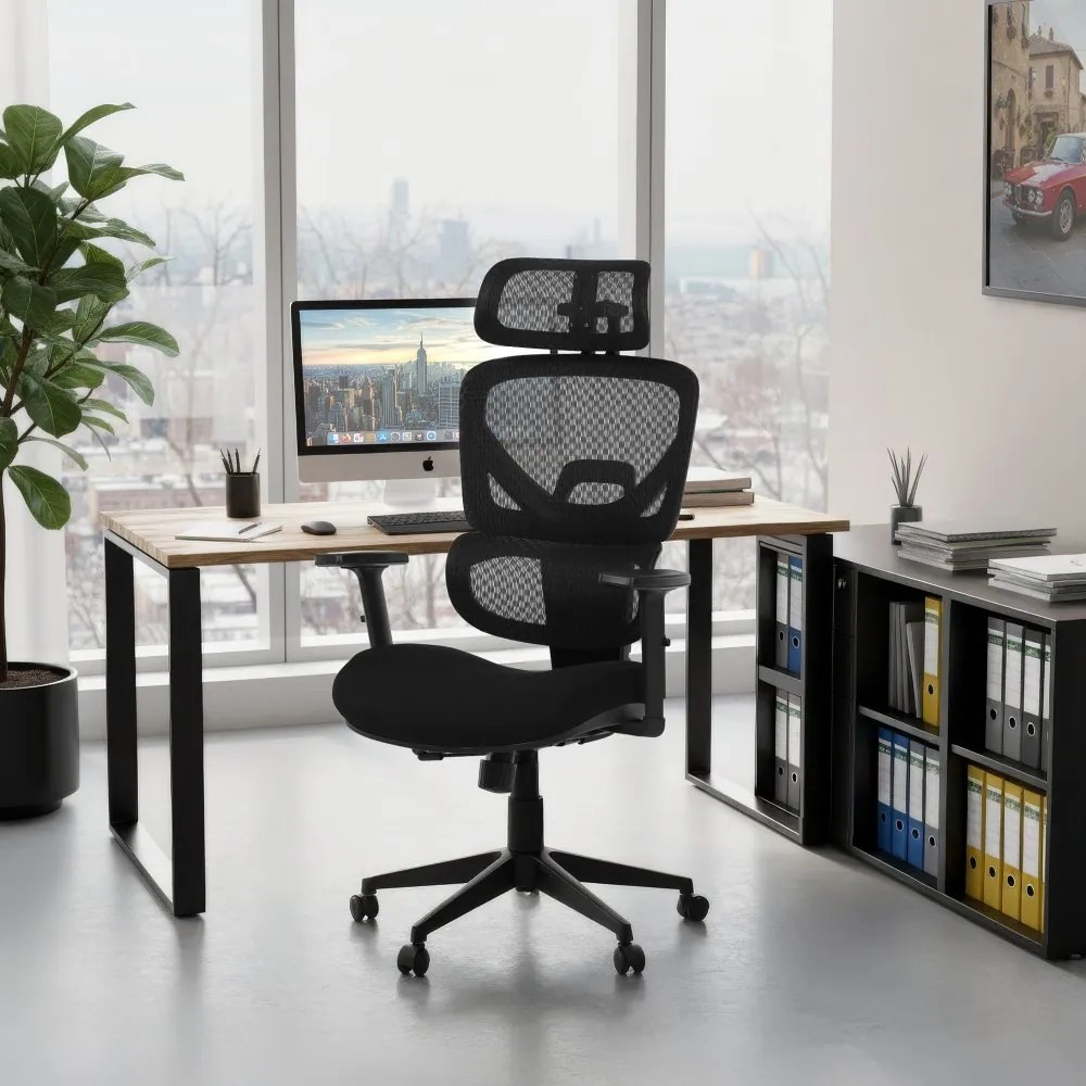 Kancelárska ergonomická stolička TRAGEL — sieťovina / látka, čierna