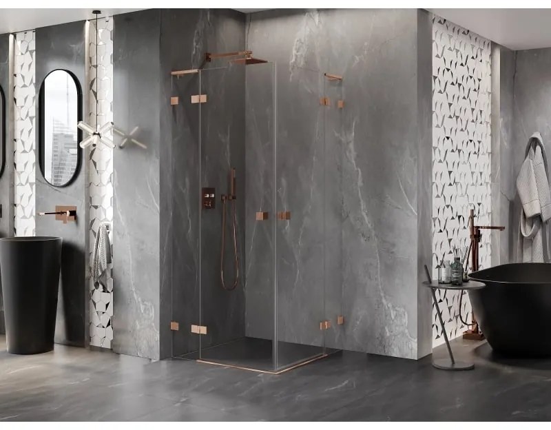 Mexen Lunar, L Duo výklopný sprchový kút 115 x 115 cm, 8mm číre sklo, profil medená matná, 834L-115L-115P-65-00