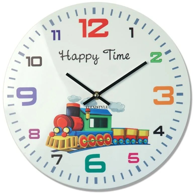 HAPPY TIME nástenné hodiny pre deti v bielej farbe s vláčikom