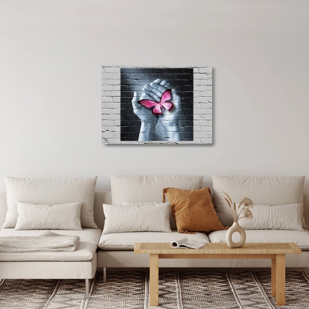 Sklenený obraz - Ružový motýľ v stene (70x50 cm)