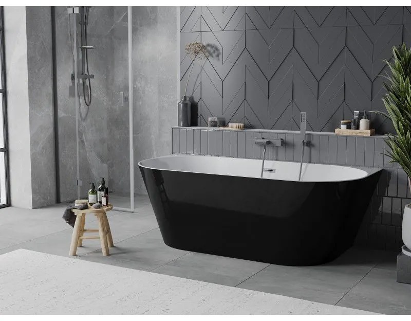 Mexen Oval Slim, voľne stojaca vaňa ku stene, 170 x 80 cm, biela-čierna, grafitový prepad, 52661708075-95