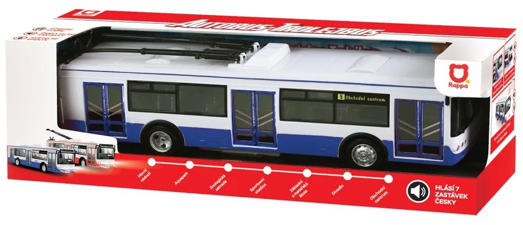 RAPPA Trolejbus ktorý hlási zastávky česky - 28 cm - modrý