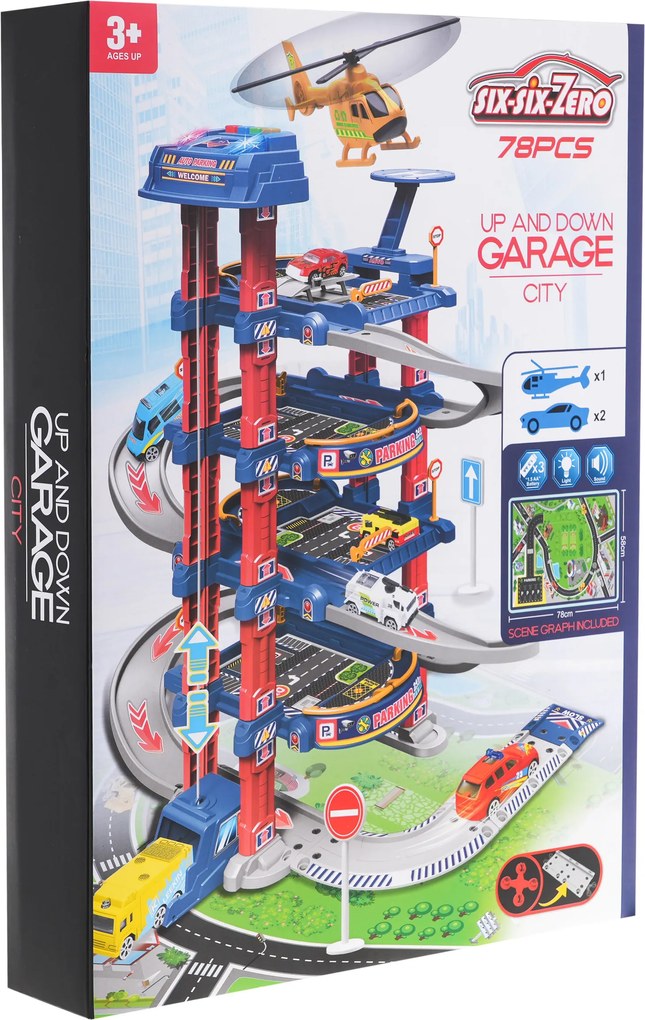 Ramiz Veľká interaktívna garáž pre deti 3+ Elektrický výťah + rohož + 2 kovové autíčka + príslušenstvo