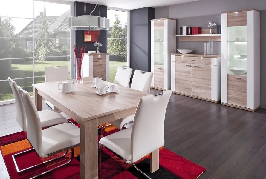 Vysoká vitrína Caracas typ 02, dub / biely lesk, s osvetlením