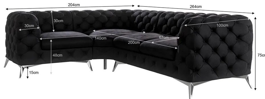 Čierna zamatová rohová pohovka (ľavý roh/do L) Chelsea – Ropez