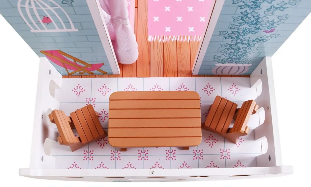 Veľký drevený domček pre bábiky ružovej farby pre deti od 3 rokov, doplnky, nábytok + 3 poschodia