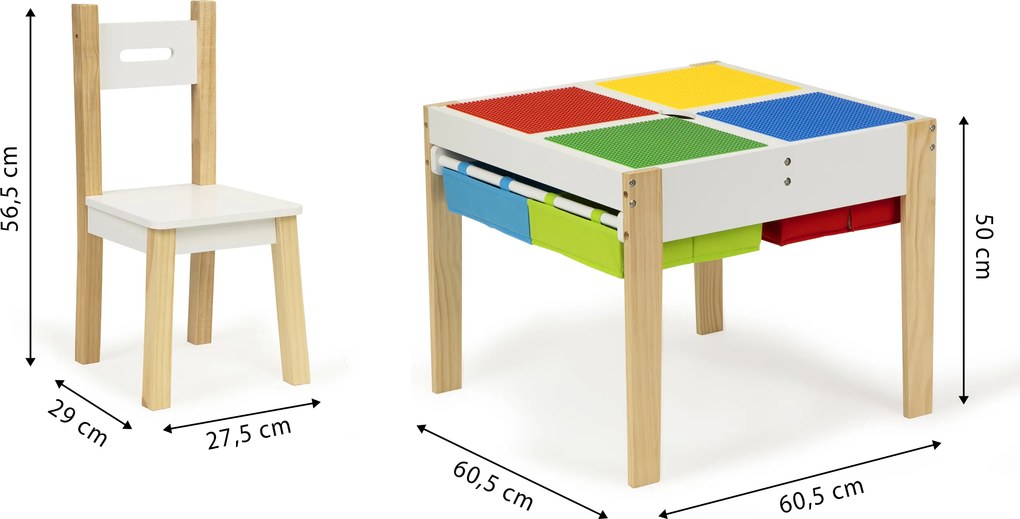 Detský drevený stôl s 2 stoličkami ECOTOYS – otočný blat, 4 úložné priehradky