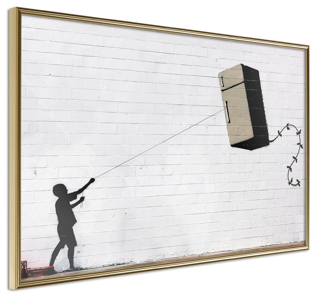 Artgeist Plagát - Flying Fridge [Poster] Veľkosť: 45x30, Verzia: Zlatý rám s passe-partout