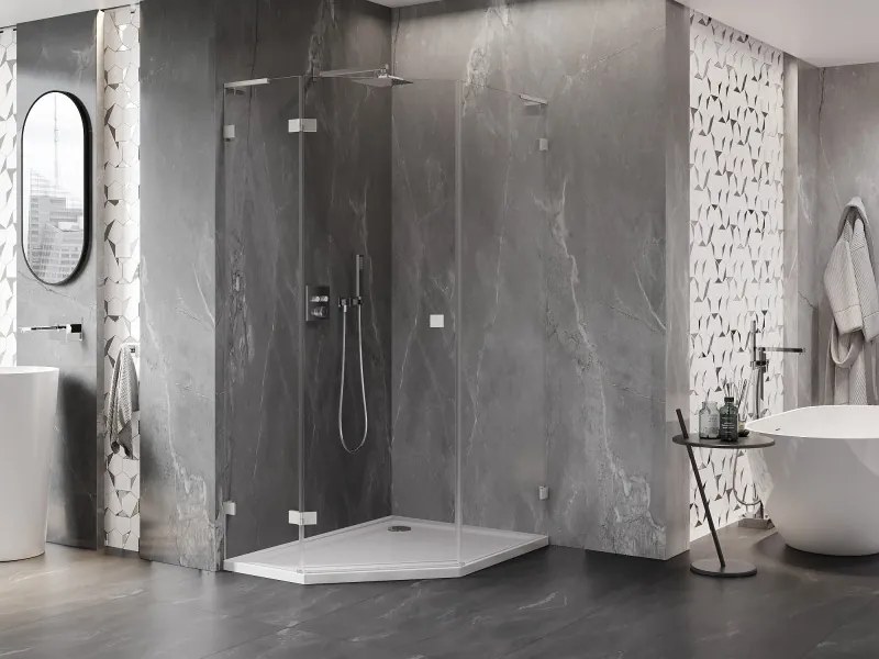 Mexen Lunar, L päťuholníkový sprchový kút naklápací doľava 90 x 100 cm, 8mm číre sklo, oceľový profil, 831L-090L-100P-97-00-L