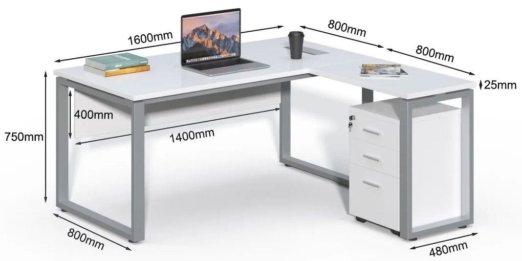 Rohový kancelársky stôl s kontajnerom Houseland Prime Home 01 160 cm biely