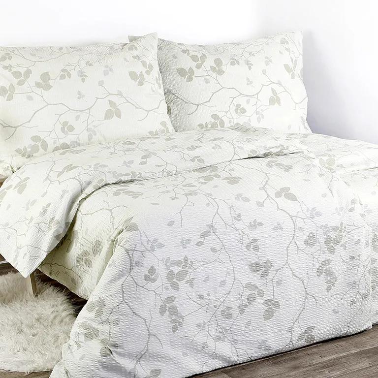 Goldea krepové posteľné obliečky - vzor 388 vetvičky s lístkami na zelenkavom 140 x 200 a 70 x 90 cm