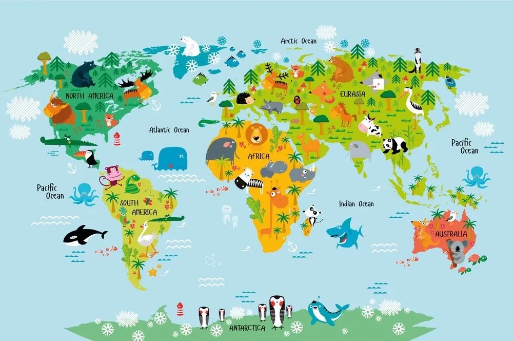 Samolepiaca tapeta detská mapa sveta so zvieratkami - 375x250