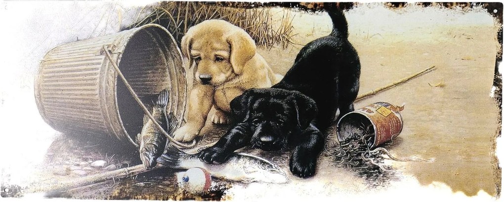 Béžová antik nástenná kovová ceduľa so šteniatkami - 50*20cm