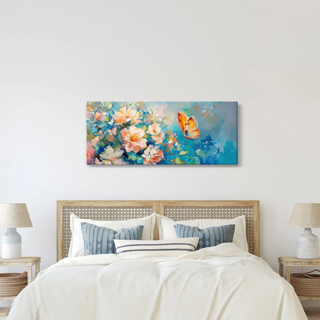 Obraz - Motýľ a kvety, olejomaľba II. (120x50 cm)