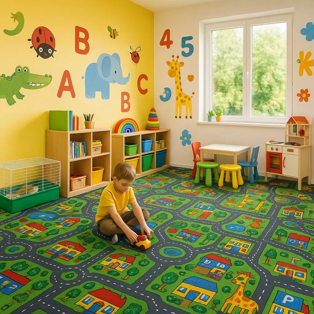 Vopi, POŠKODENÝ: 300x220 cm Detský kusový koberec City life - neúčtujeme odrezky z rolky - obšitý zo všetkých strán, na mieru, šíře, viacfarebná, filc, detská izba