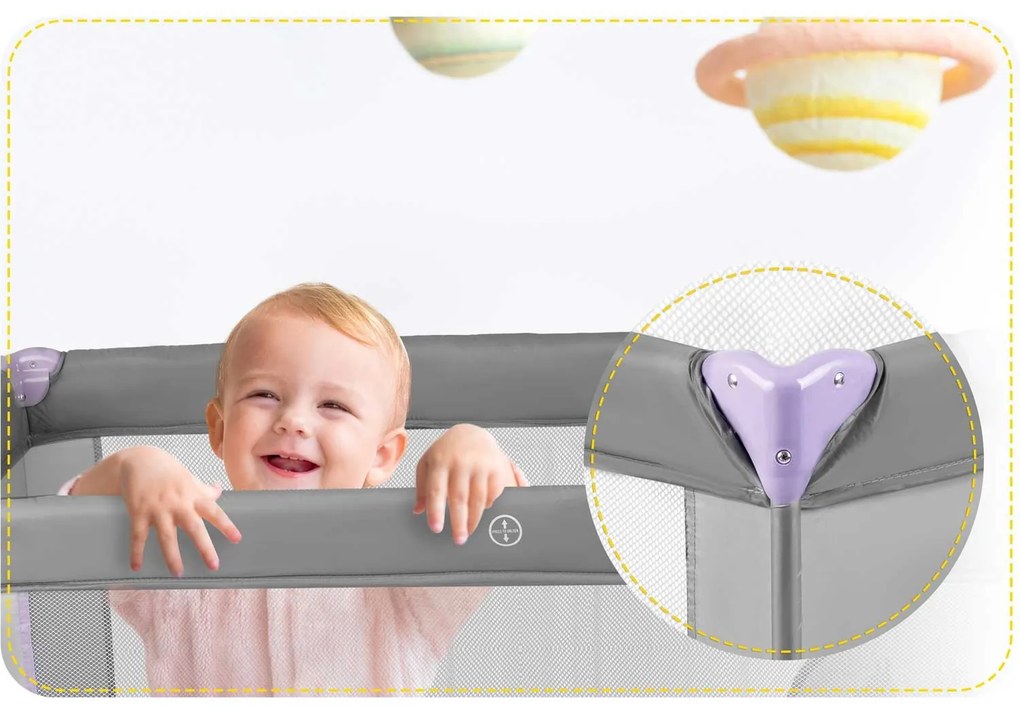 Ricokids Cestovná postieľka + matrac + taška 125 x 65 x 78 cm RK-240 sivá levanduľová