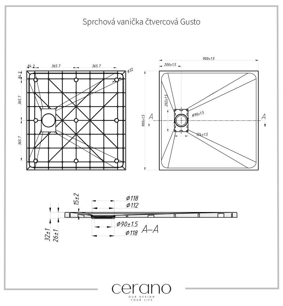 Cerano Gusto, štvorcová sprchová vanička 90x90x3 cm z minerálneho kompozitu, čierna matná, CER-CER-414569