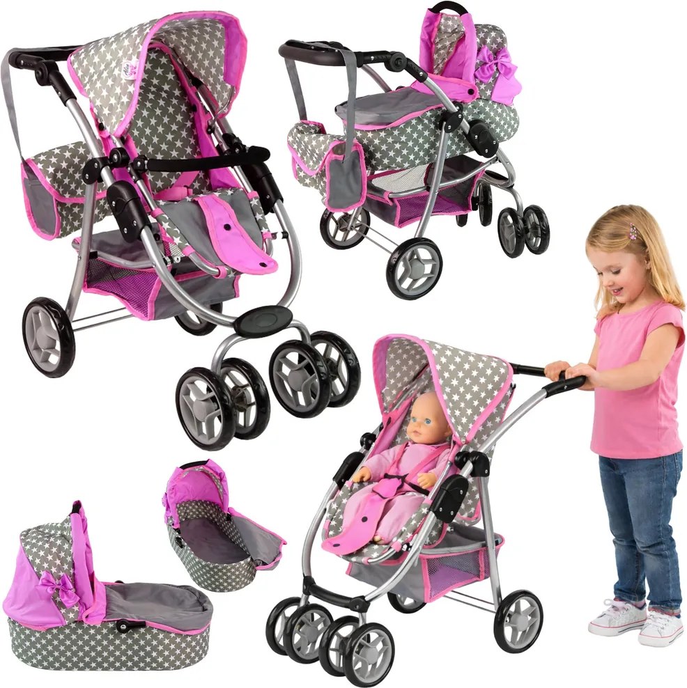 Alice Detský kočík pre bábiky 2 v 1 taška na nosenie ružové hviezdy