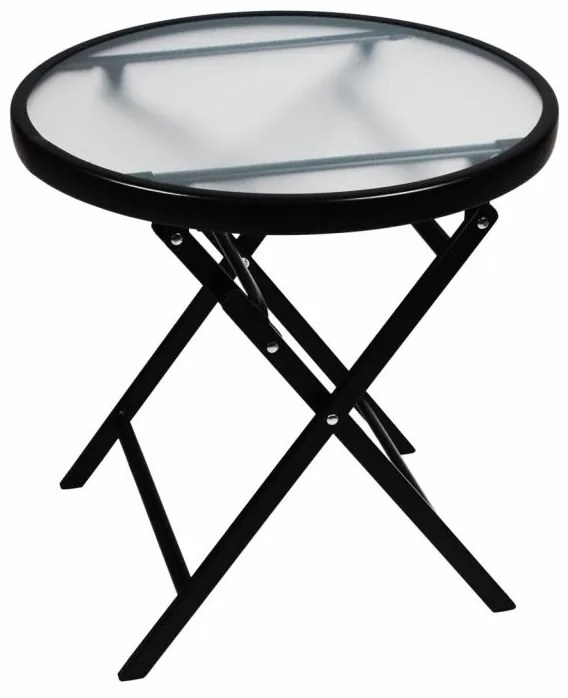 Skladací stôl so sklenenou doskou, čierny, Ø 45 cm, oceľ