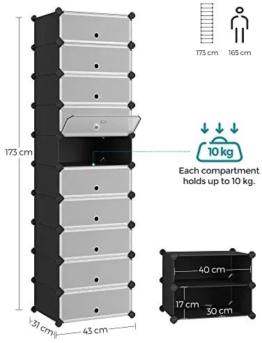 Stojan na topánky, plastový, 10 priehradiek, dvierkový systém, 173x43x31cm